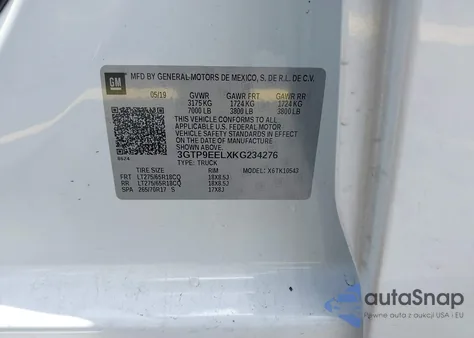 2019 GMC Sierra 1500 At4 из США, поврежденный, VIN 3GTP9EELXKG234276